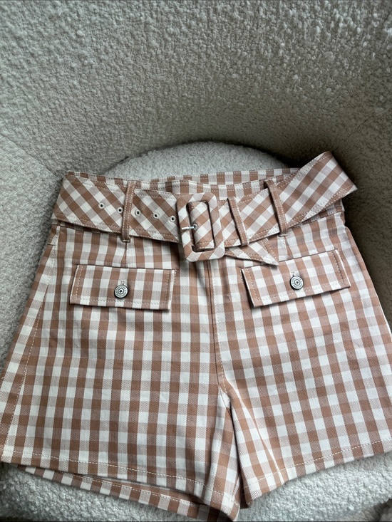 cinq a sept Pants - cinq a sept Beige and White Gingham High-Waist Shorts with Belt